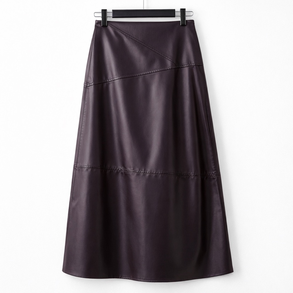 Zara Eggplant A-Line Leather Midi Skirt with stitching details size XL
